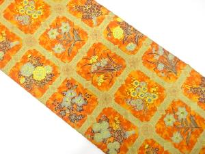 萬葉製　格天井に花模様織り出し全通袋帯